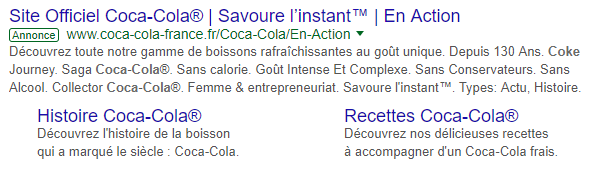 Publicité Adwords pour la marque Coca Cola